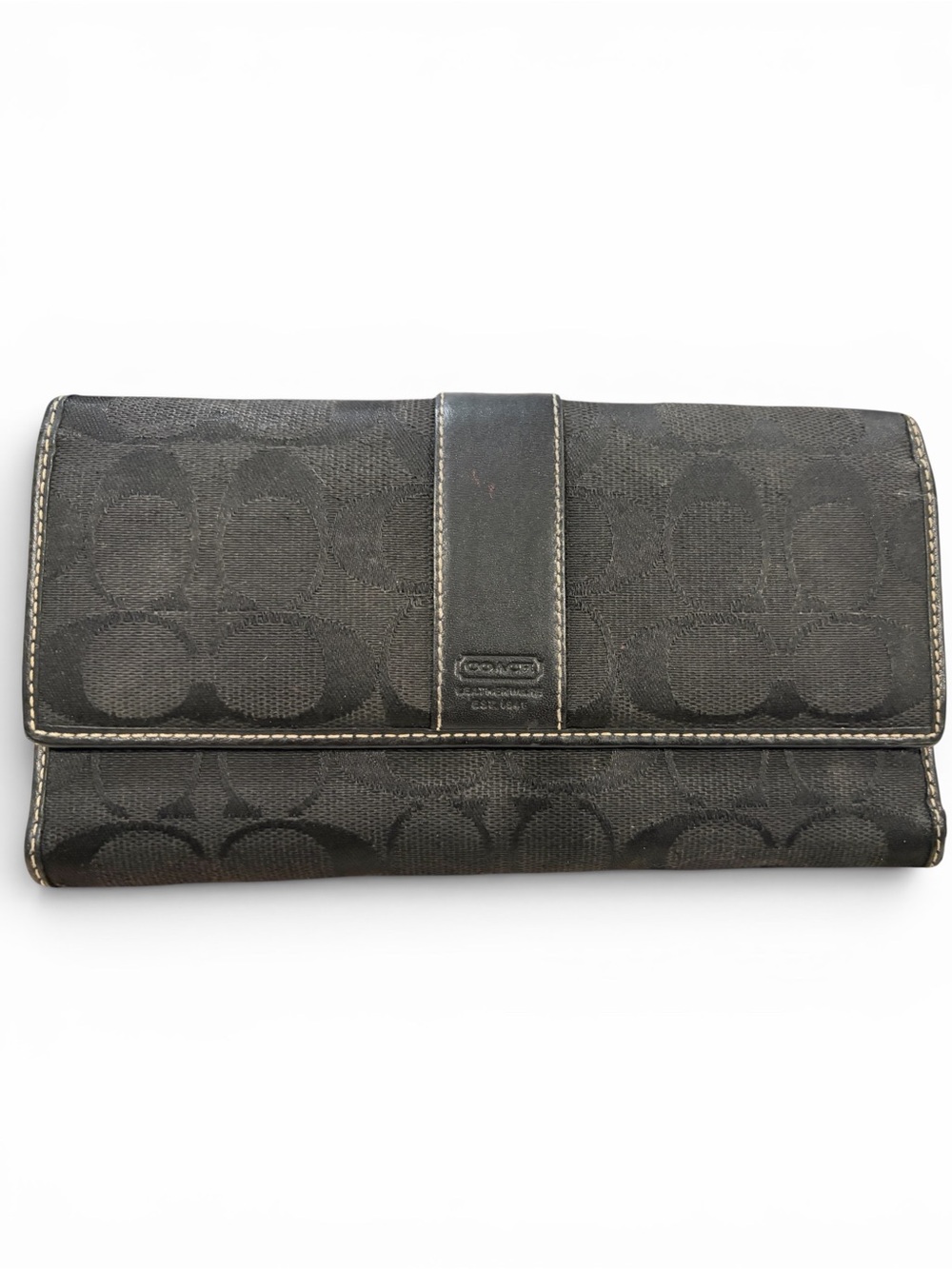Vintage Coach Signature Jacquard Trifold Checkbook Wallet in black.‎